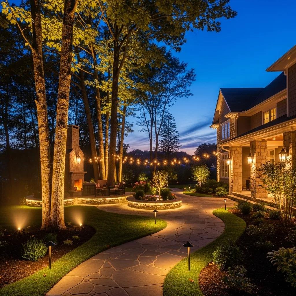 Illuminated garden path featuring landscape lighting, enhancing curb appeal and security, with a cozy outdoor seating area, stone fireplace, and vibrant greenery under a twilight sky.