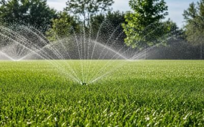 Lawn sprinkler system watering a lush green lawn, illustrating efficient irrigation solutions for outdoor spaces in Saddle Brook, NJ.