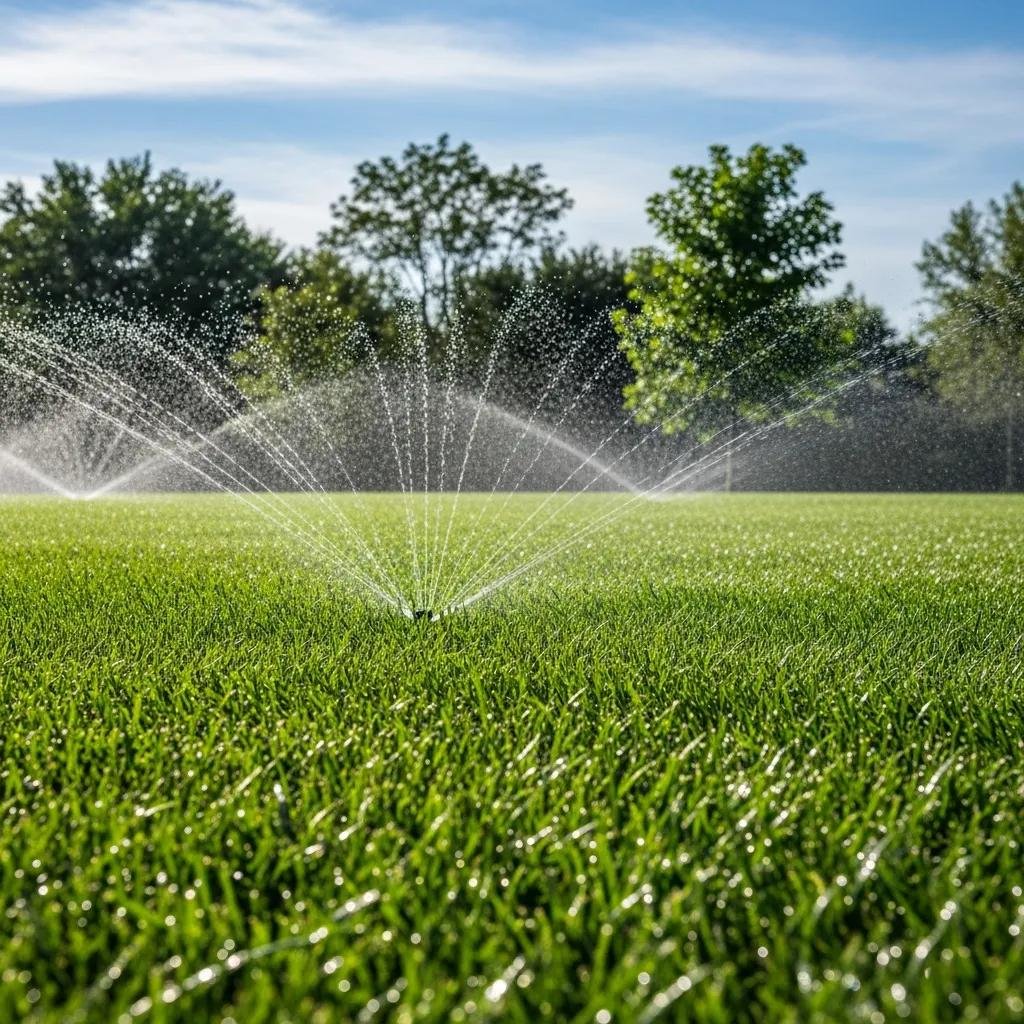Lawn sprinkler system watering a lush green lawn in Saddle Brook, NJ, showcasing efficient irrigation for healthy landscaping.