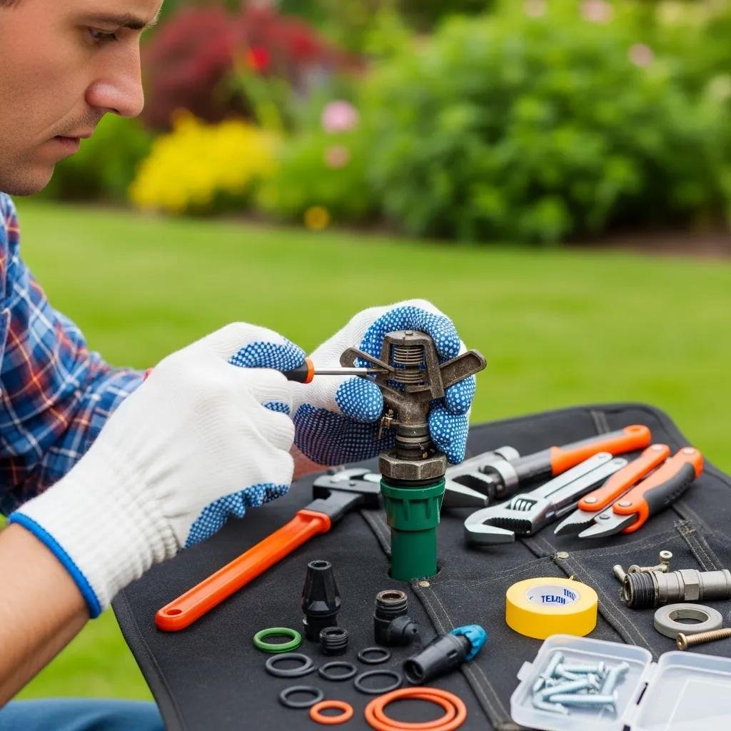 Technician repairing a lawn sprinkler head with tools on a work surface, surrounded by various irrigation components, emphasizing maintenance and repair services for efficient sprinkler systems.