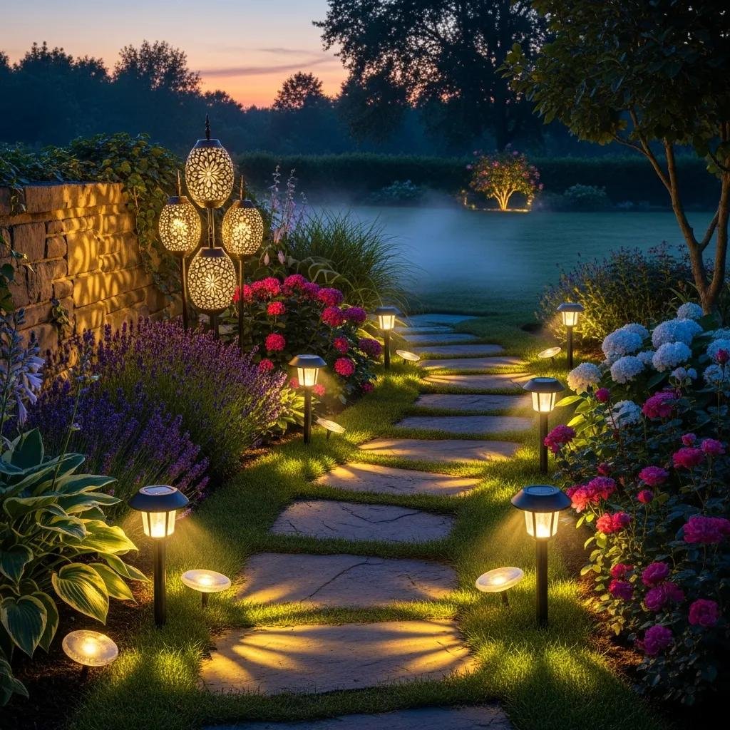 Solar landscape lights illuminating a garden at dusk