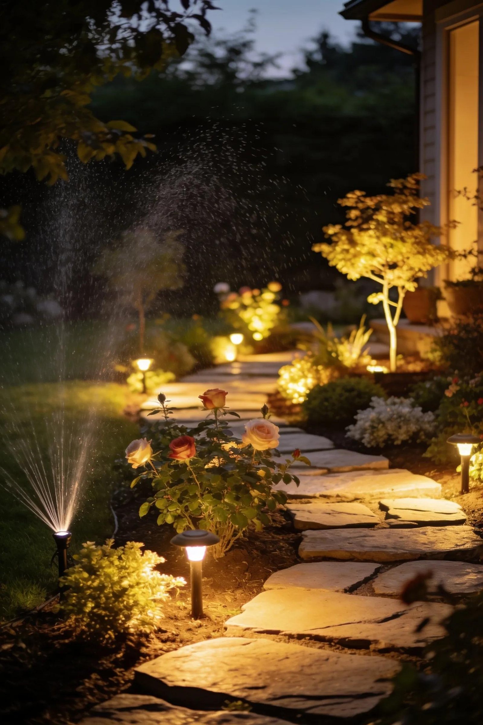 Outdoor lighting enhances garden beauty and walkway safety.